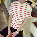 2016新款夏季短袖T恤男圆领条纹半袖韩版修身青年潮t血桖学生衣服