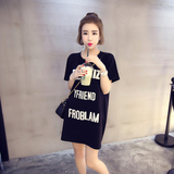 2016新款韩版中长款修身显瘦英文字母短袖T恤裙宽松大码女学生潮