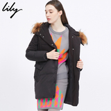 Lily2015冬新款女装欧美连帽毛领纯色茧型显瘦羽绒服115430D1430