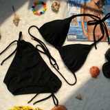 Enki欧美比基尼性感黑色纯色带可拆卸胸垫无钢托绑带性感女泳衣
