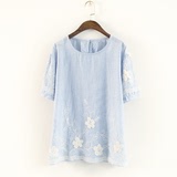外贸原单日系森系夏季女装立体刺绣花朵泡泡短袖上衣条纹T恤衫棉