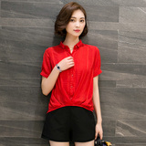 2016夏装新款韩版显瘦红色短袖时尚百搭休闲雪纺衫上衣衬衣女