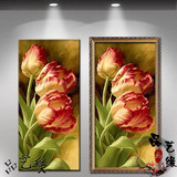 现代纯手绘大红花卉玄关走廊壁画客厅竖版高档装饰画油画花卉61