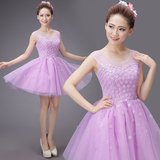 伴娘服紫色短款2015新款韩版婚纱礼服姐妹团小礼服蕾丝绑带伴娘裙