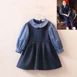 正品代购新款韩国女童装空气棉娃娃领连衣裙儿童韩版假两件长袖裙