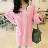韩国代购2015MAR新春季女装宽松长款纯色性感前后大V领套头针织衫