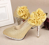 春夏水晶鞋新娘细跟浅口成人礼中高跟鞋玫瑰花女鞋大码鞋单鞋黄色