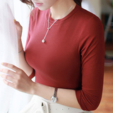 2016春装新款圆领中袖女t恤纯棉五分袖修身上衣半高领打底衫韩版