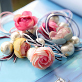 韩国发饰 森系浪漫花朵 绢花 珍珠银线球发绳布艺珍珠玫瑰花朵