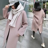 韩国中长款茧型驼粉色羊毛呢子大衣宽松气质学院风毛呢外套女潮