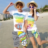 沙滩夏季海边度假旅游情侣两件套装纯棉修身男女 短袖T恤沙滩短裤