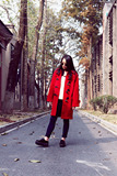 日本原单红色中长款毛呢外套牛角扣拼接 秋冬经典格子毛呢大衣