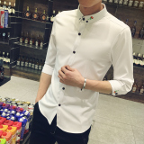 英伦男士短袖寸衫韩版修身中袖衬衫个性刺绣纯色发型师七分袖衬衣