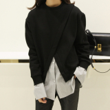 韩版2016春季新款拼接假两件喇叭衬衫袖口条纹洋气时尚套头卫衣女