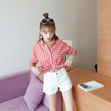 2016韩版夏季新款格子衬衫女修身休闲外套长袖薄款立领百搭上衣潮