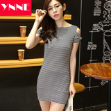 YNNE2016夏季新款短袖针织气质连衣裙韩国条纹修身性感包臀短裙