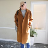 2015韩国代购男装 韩版宽松毛呢大衣长款英伦羊绒大衣外套潮流款