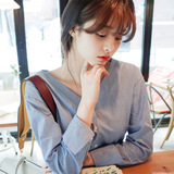 2016春夏新款 韩版小性感露锁骨双V领细条纹衬衫