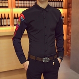秋季男长袖衬衫修身个性夜店衬衣英伦韩版发型师寸衫纯色休闲男装