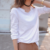 夏季竹节棉长袖t恤女外穿体恤衫宽松纯白色中长款内搭短袖上衣春