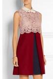 美国代购 2015 valentino 蕾丝拼接羊毛连衣裙 粉红拼酒红 超级美