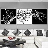 黑白抽象发财树 现代简约客厅装饰画 沙发背景墙三联画 冰晶挂画