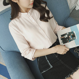 2016春秋韩版新款长袖衬衫土棉麻布女士藕粉色寸竖领百搭打底衬衣