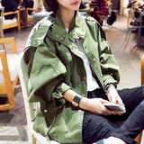 2016春装新款韩国代购潮灯笼袖立领收腰军绿色风衣女短款工装外套