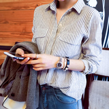 2016新款韩版清新小竖条纹ol气质棉麻衬衣女休闲长袖衬衫