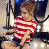夏季韩版短袖T恤女学生条纹时尚宽松百搭显瘦圆领半袖体恤上衣潮