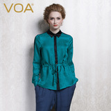 VOA2016欧美新款纯色长袖真丝衬衫拼接纽扣系带女士休闲上衣Y-78