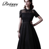 Besfunny2016原创新款黑色复古蕾丝拼接长裙显瘦连衣裙礼服裙