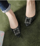 韩国正品女鞋代购 新款韩版黑色小香风缎面水钻浅口尖头 平底单鞋