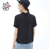 Haoduoyi黑色雪纺衬衫女短袖夏 2016新款韩版时尚修身衬衣雪纺衫