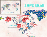韩国进口书房壁画水粉彩色世界地图客厅沙发背景墙现代装饰艺术画