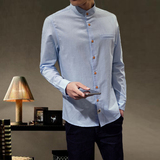 2016春季男长袖衬衫韩版纯色青年立领修身亚麻白色薄衬衣大码打底