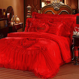 韩式蕾丝六件套结婚床上用品床单被套婚庆天丝棉贡缎大红色四件套
