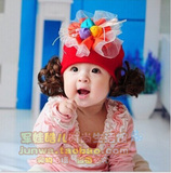 韩国版婴幼儿春秋冬款女童帽子宝宝假发套头帽 儿童花朵蕾丝帽子