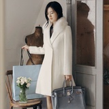 2015冬简约韩版女装中长款呢子大衣修身白色暗扣羊毛毛呢外套 潮