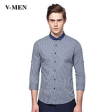 vmen威曼男装 新款条纹时尚休闲修身七分袖衬衫男士衬衣420410853
