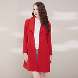 欧美i秋冬女装 大红色翻领简约修身纯色中长款羊毛呢子大衣外套