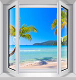 新款墙贴 假窗装饰贴 假窗贴 3D立体墙贴 海边椰树 沙滩 大海岛屿