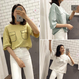 韩版2016夏季女装新款口袋圆领套头棉T恤宽松学院风短袖上衣服潮
