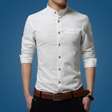 亚麻衬衫男立领薄款韩版长袖青少年纯色修身款打底小领棉麻衬衣白