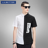 Lilbetter男士短袖衬衫 夏季黑白拼接个性韩版寸衫半袖修身衬衣男