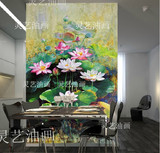 纯手绘油画竖版玄关会所装饰画简约花卉荷花中式客厅过道挂画