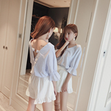 2016夏季新品韩版宽松V领条纹衬衣后背单排扣蝙蝠袖衬衫上衣女潮