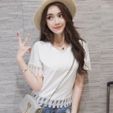 夏季女装韩版时尚性感蕾丝镂空短款上衣服纯棉高腰流苏短袖T恤女