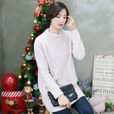 韩国代购2016JAN新春季女装大码宽松钉珠拼色蕾丝立领打底长袖T恤