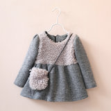 2015年冬季新款外贸童装女童羊羔毛拼接裙衫儿童挎包长袖上衣加绒